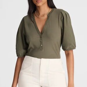Madewell Puff-Sleeve Henley Knit Top in Faded Olive